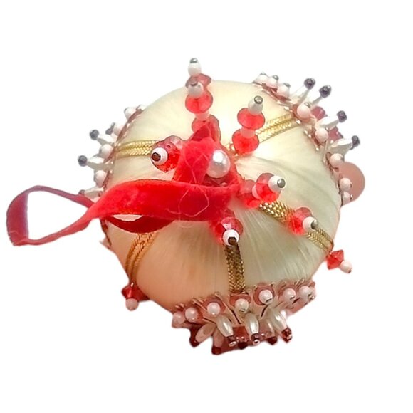 Vintage Beaded Push Pin Ornament Red Jewel White Satin Gold Silver Pearl 4" MCM - Picture 4 of 8